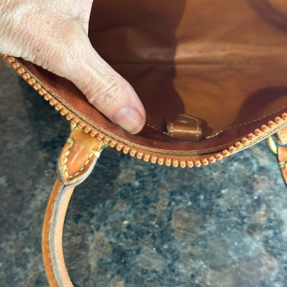Vintage Dooney & Bourke Olive Green and Brown Leather Satchel with Brass Accents